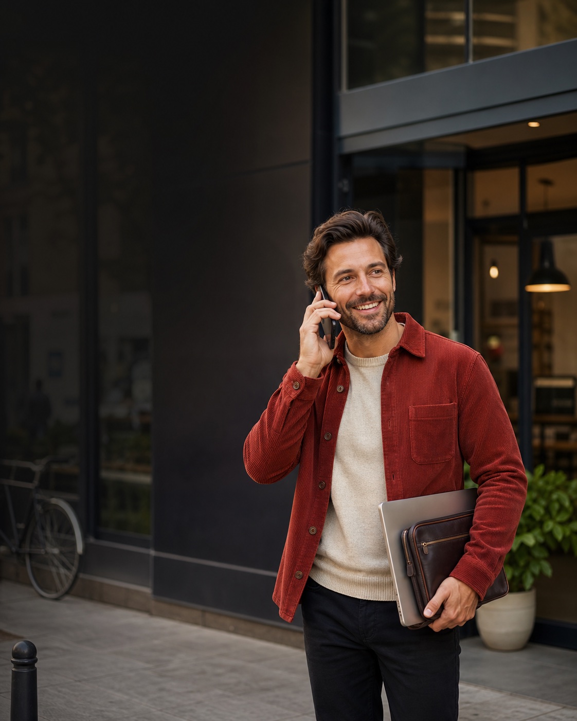 Professionnel utilisant son mobile devant son entreprise