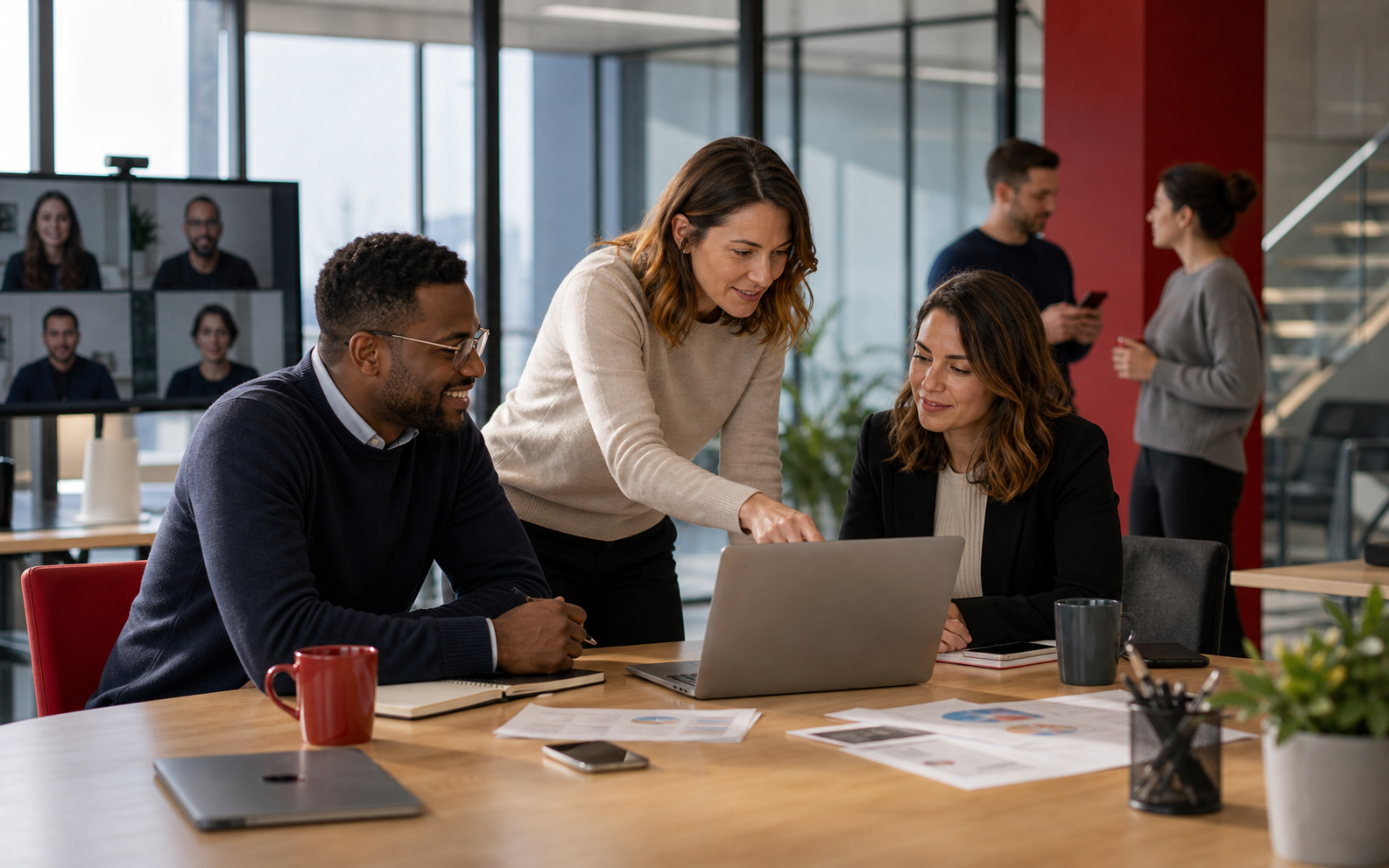 Equipe professionnelle diverse accompagnee sur ses outils collaboratifs